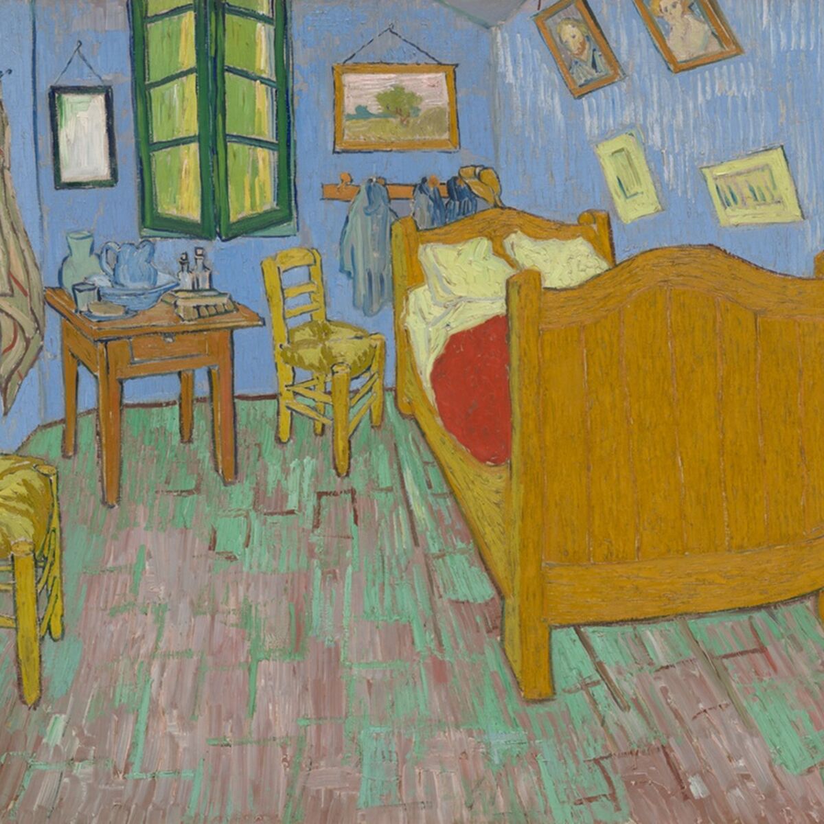 Painting of a small bedroom with a wooden bed, two yellow chairs, a washstand with a pitcher and basin, a green-shuttered window and framed pictures on blue walls.