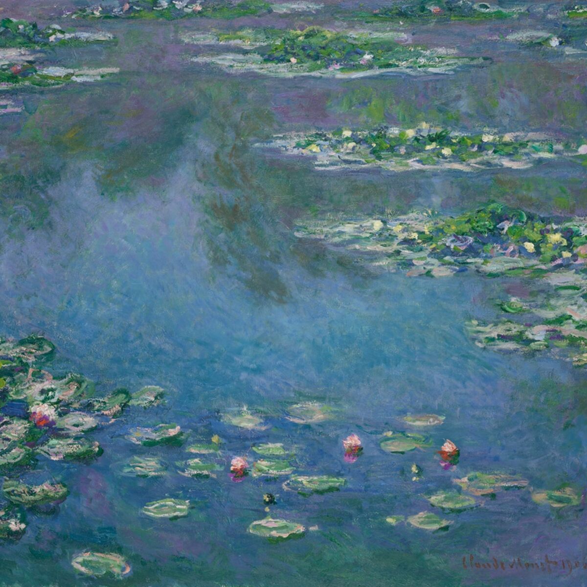 Impressionist painting of a pond with pink and white water lilies floating on blue and purple reflections of sky and trees.