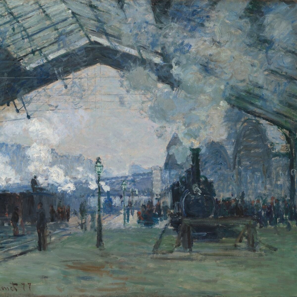 Impressionist painting of a steam locomotive arriving in a smoky, glass-roofed railway station, with passengers on the platform.