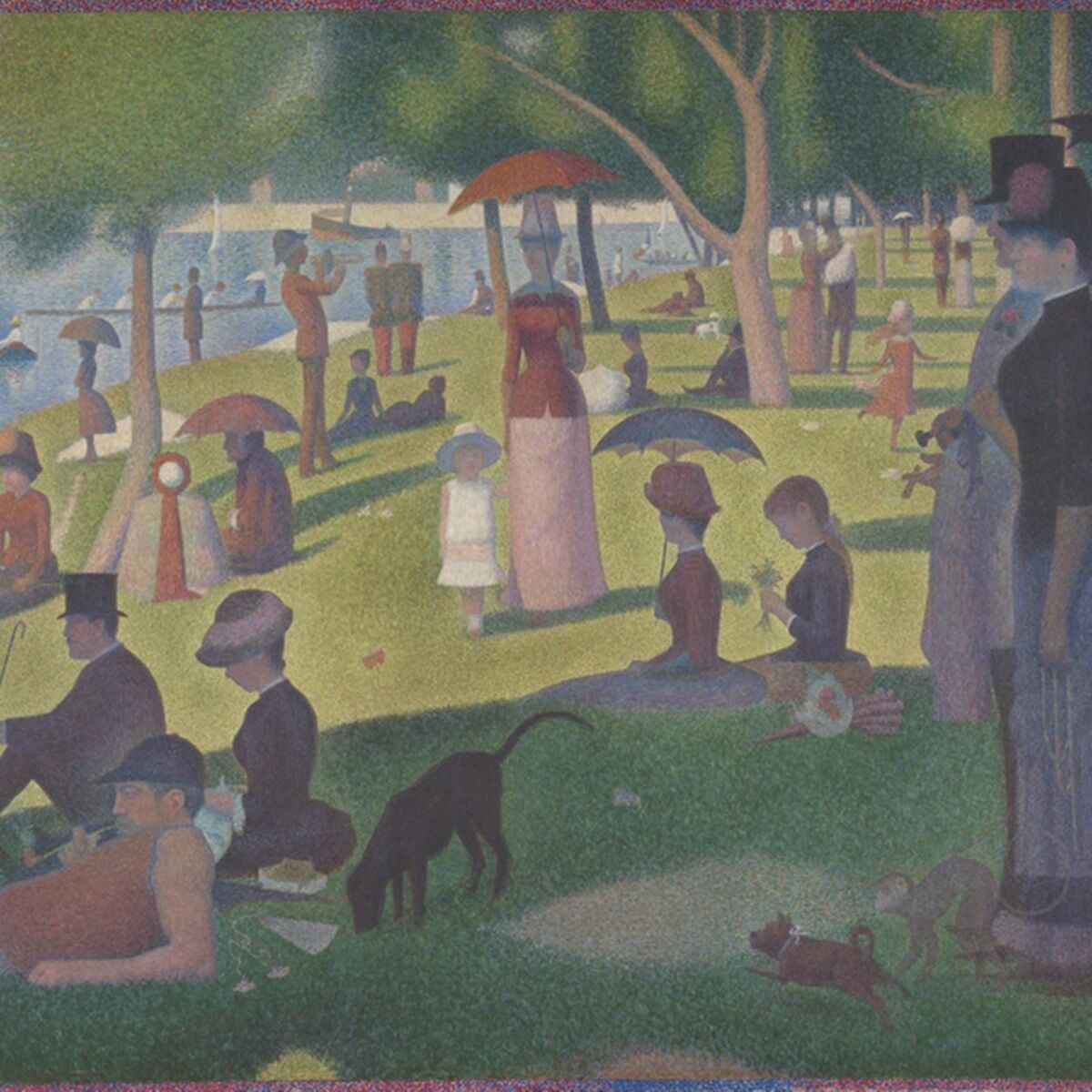 Pointillist painting of people relaxing in a sunny riverside park: women with parasols, a man in a top hat, a small dog and sailboats on the water.