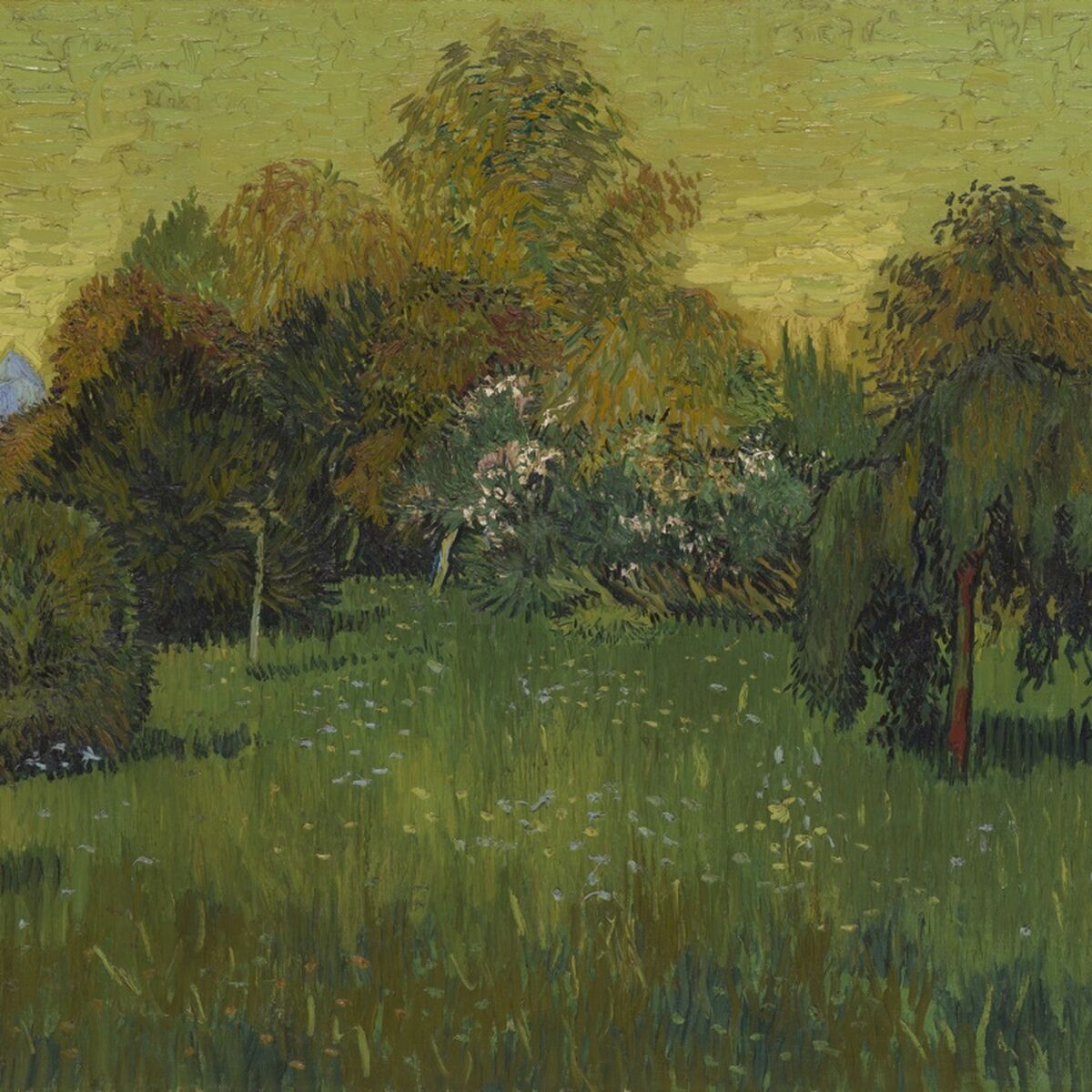 Painting of a sunlit garden in thick, swirling brushstrokes: rounded bushes, tall trees, a weeping willow and a grassy lawn under a yellow-green sky.